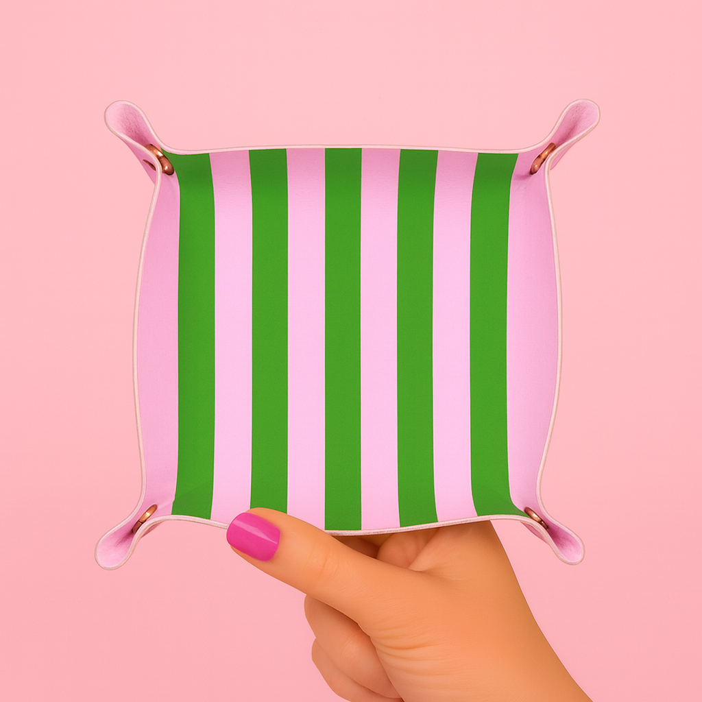 Cute trinket gift tray catchall | pink & green stripe