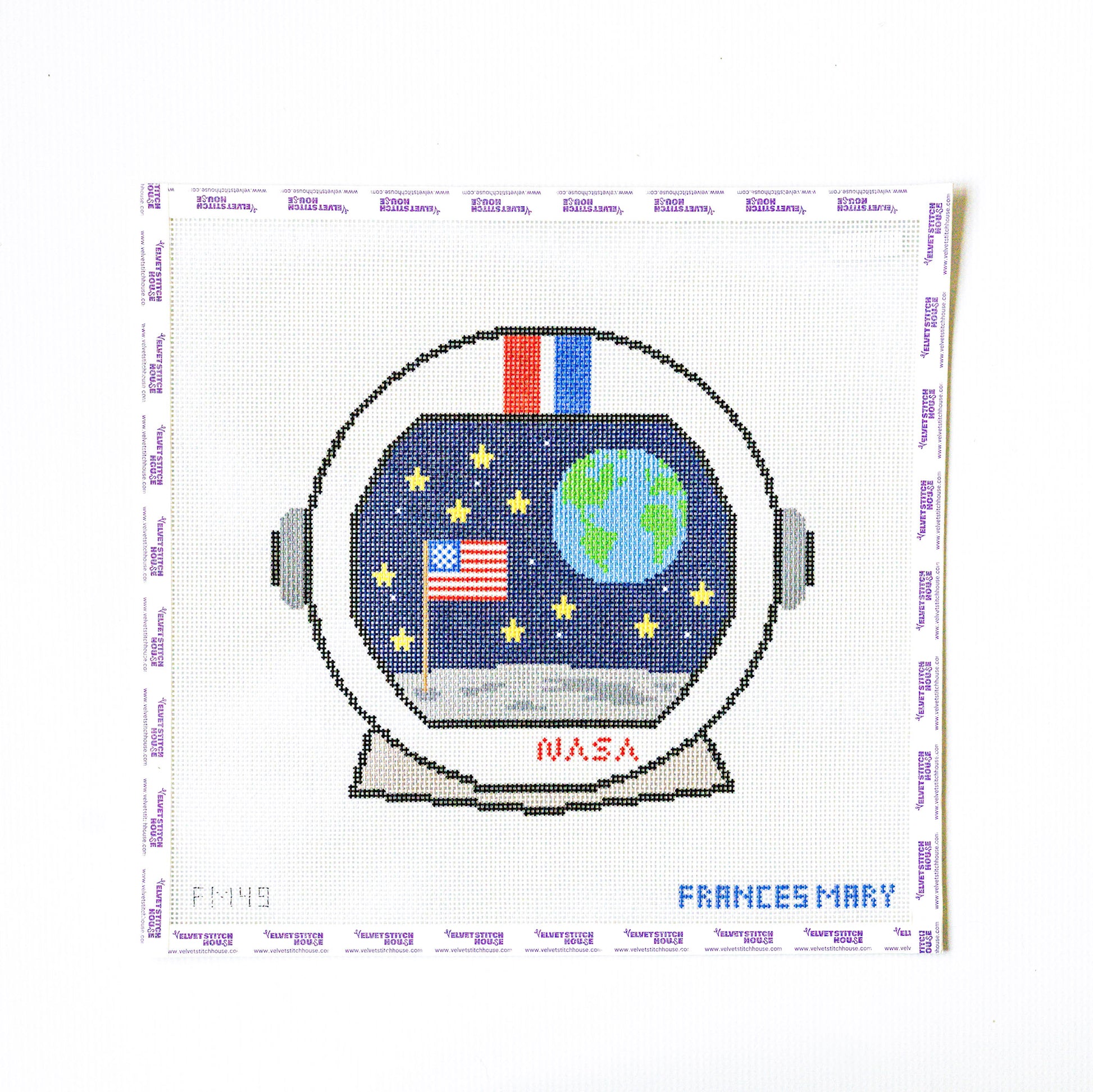 Needlepoint design of an astronaut helmet with NASA logo and American flag on a white background