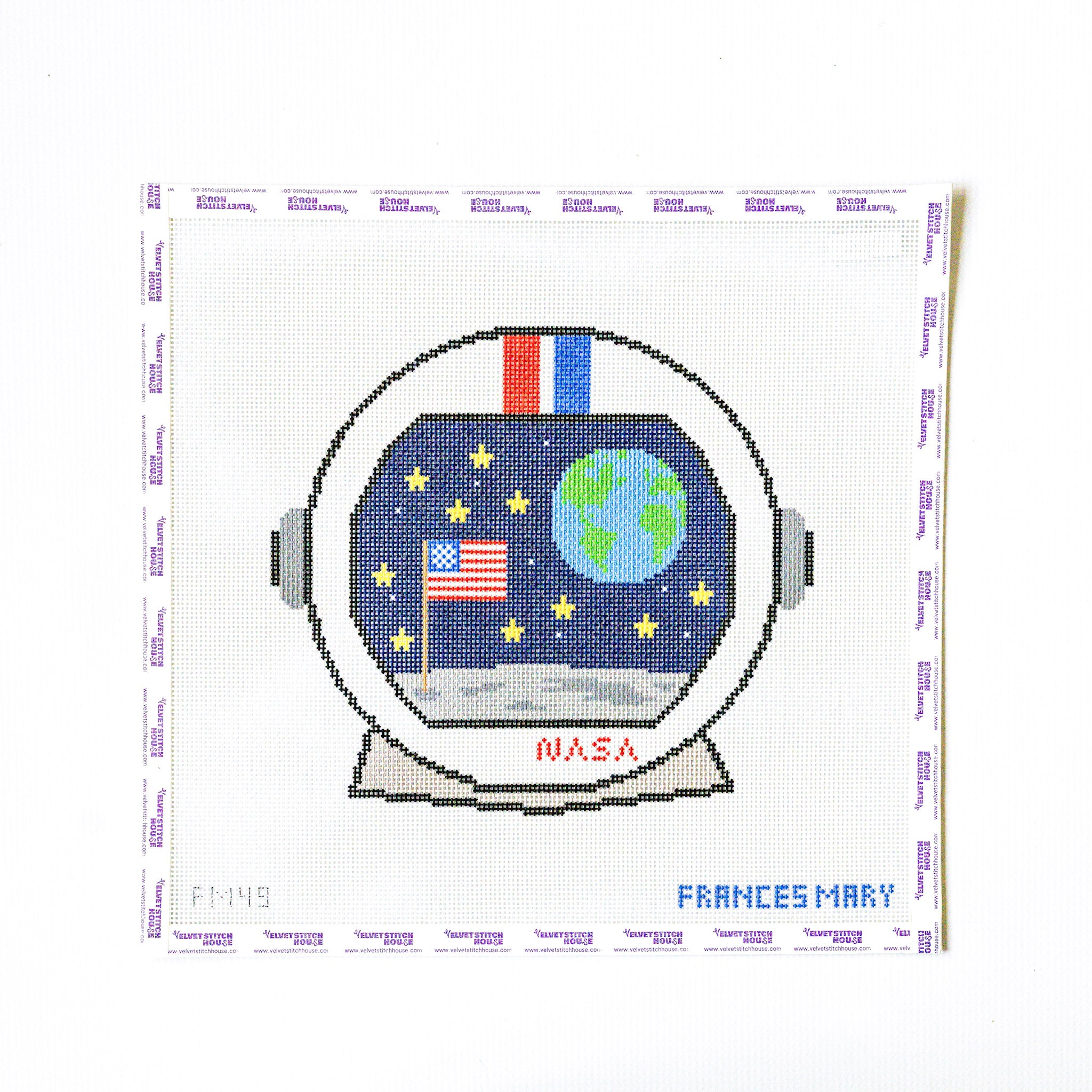 Needlepoint design of an astronaut helmet with NASA logo and American flag on a white background