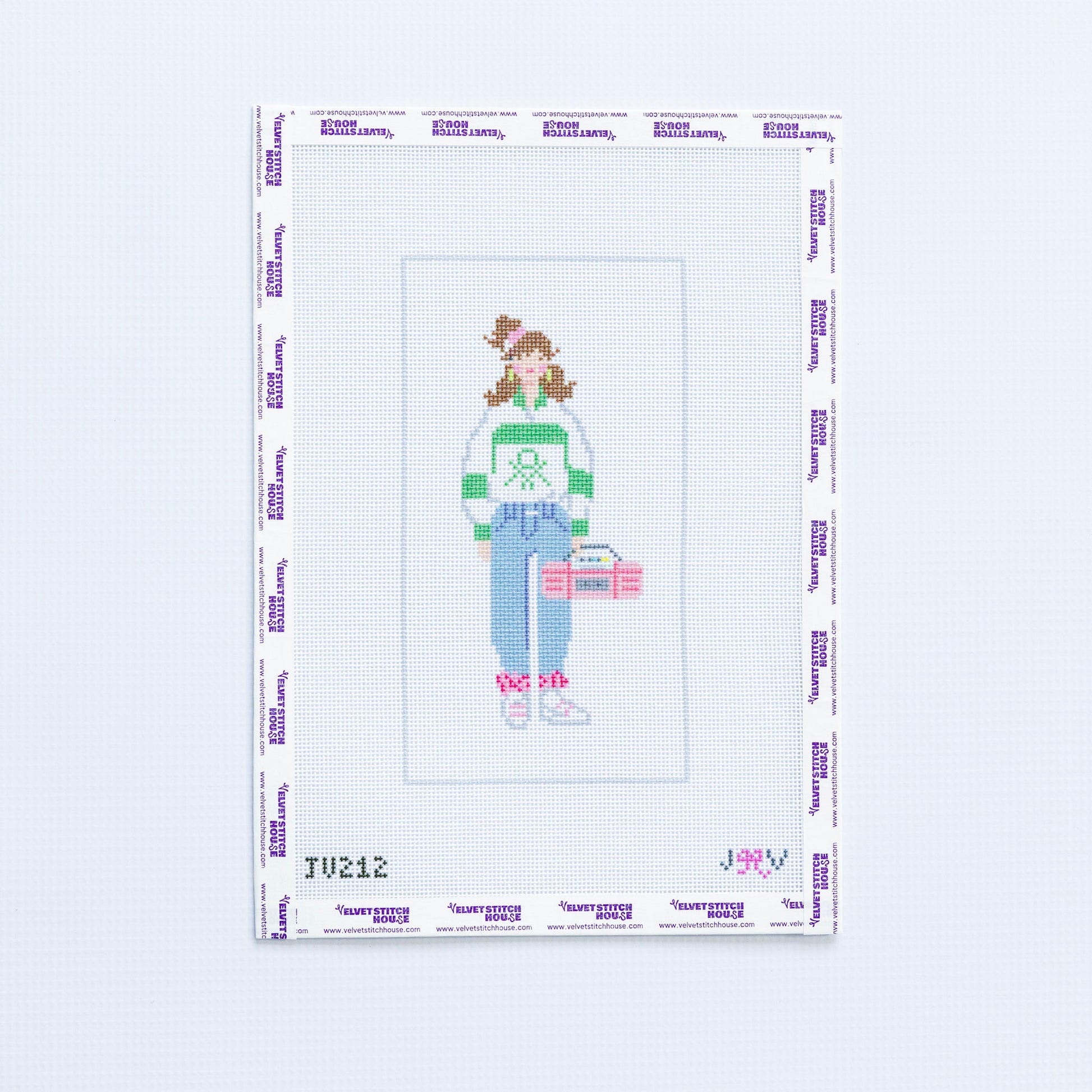 Needlepoint design of a person in jeans and green and white striped shirt holding a boom box on a white background with branding text.