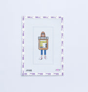 Needlepoint design of a person holding a jar of xanax on a white background