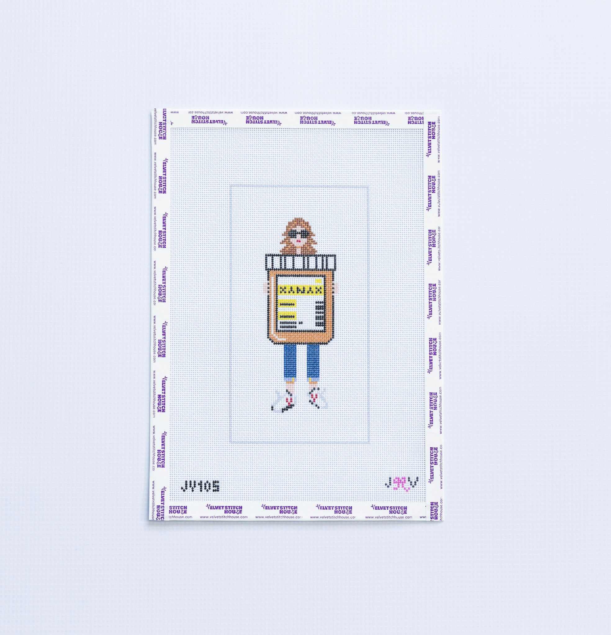 Needlepoint design of a person holding a jar of xanax on a white background