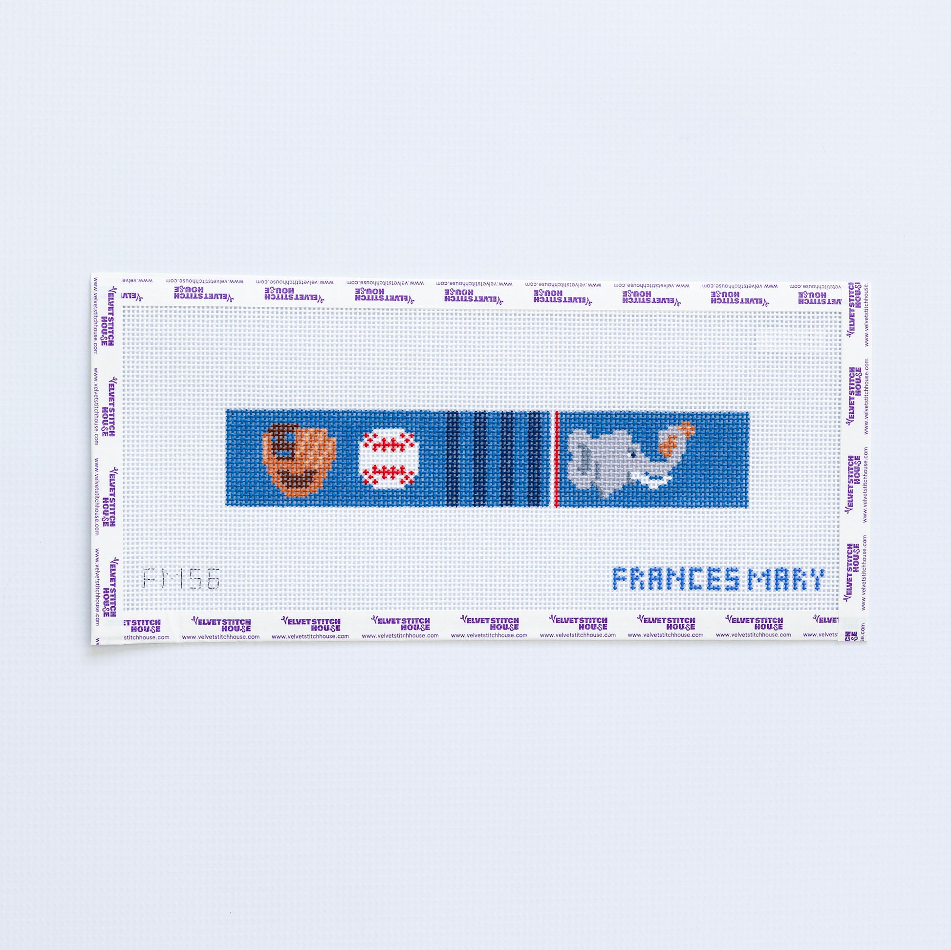 Needlepoint pattern with baseball sports-themed designs and 'Frances Mary' text on a white background