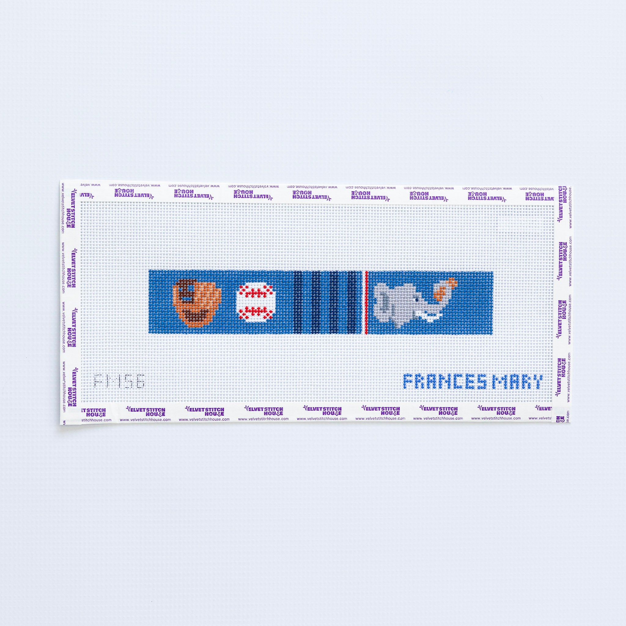 Needlepoint pattern with baseball sports-themed designs and 'Frances Mary' text on a white background
