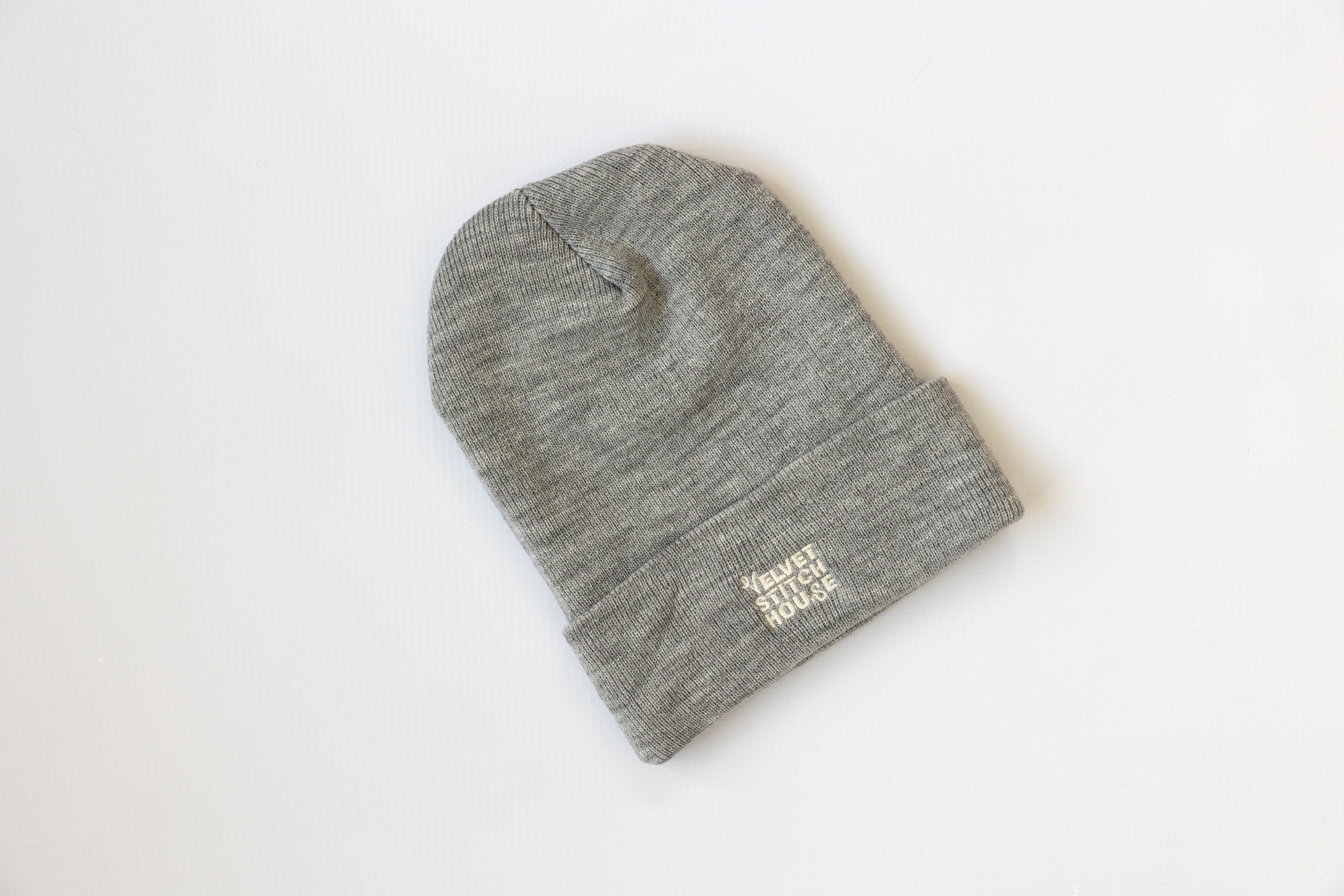 Gray beanie with Velvet Stitch House logo
