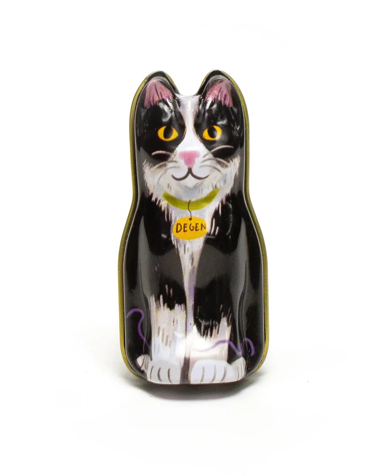 Cat-shaped tin needle case with a black and white cat design on a white background