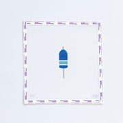 Needlepoint design of a blue and green striped buoy on a white background