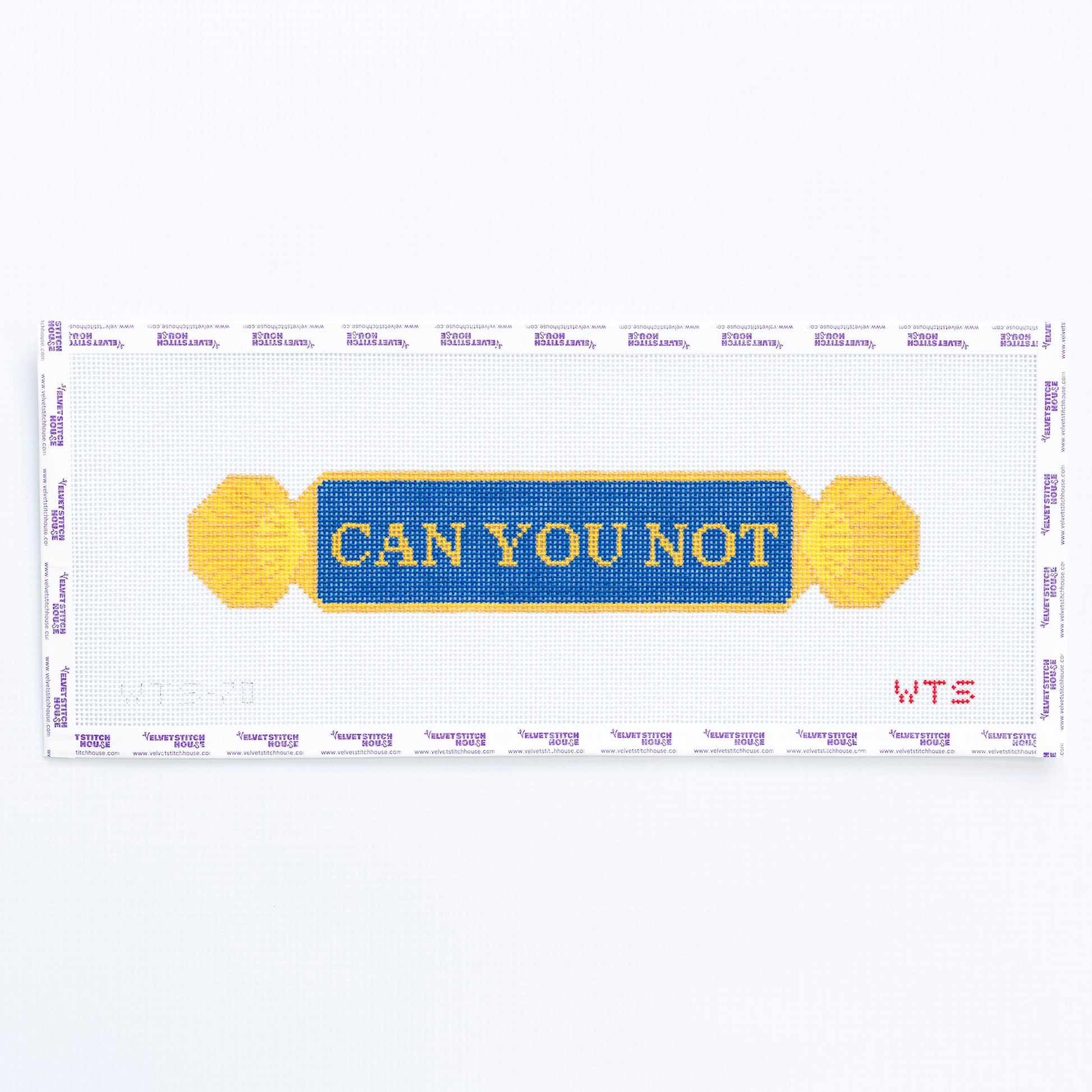 Needlepoint design of a quarterboard with 'CAN YOU NOT' gold text on a blue background.