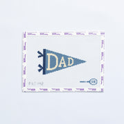 Needlepoint design of a blue and white pennant flag with 'DAD' written in white text