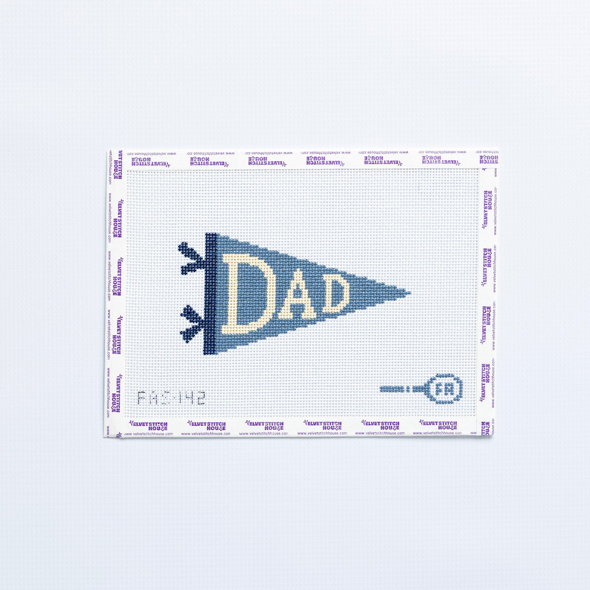 Needlepoint design of a blue and white pennant flag with 'DAD' written in white text