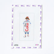 Needlepoint design of a person holding a Coca-Cola bottle on a white background