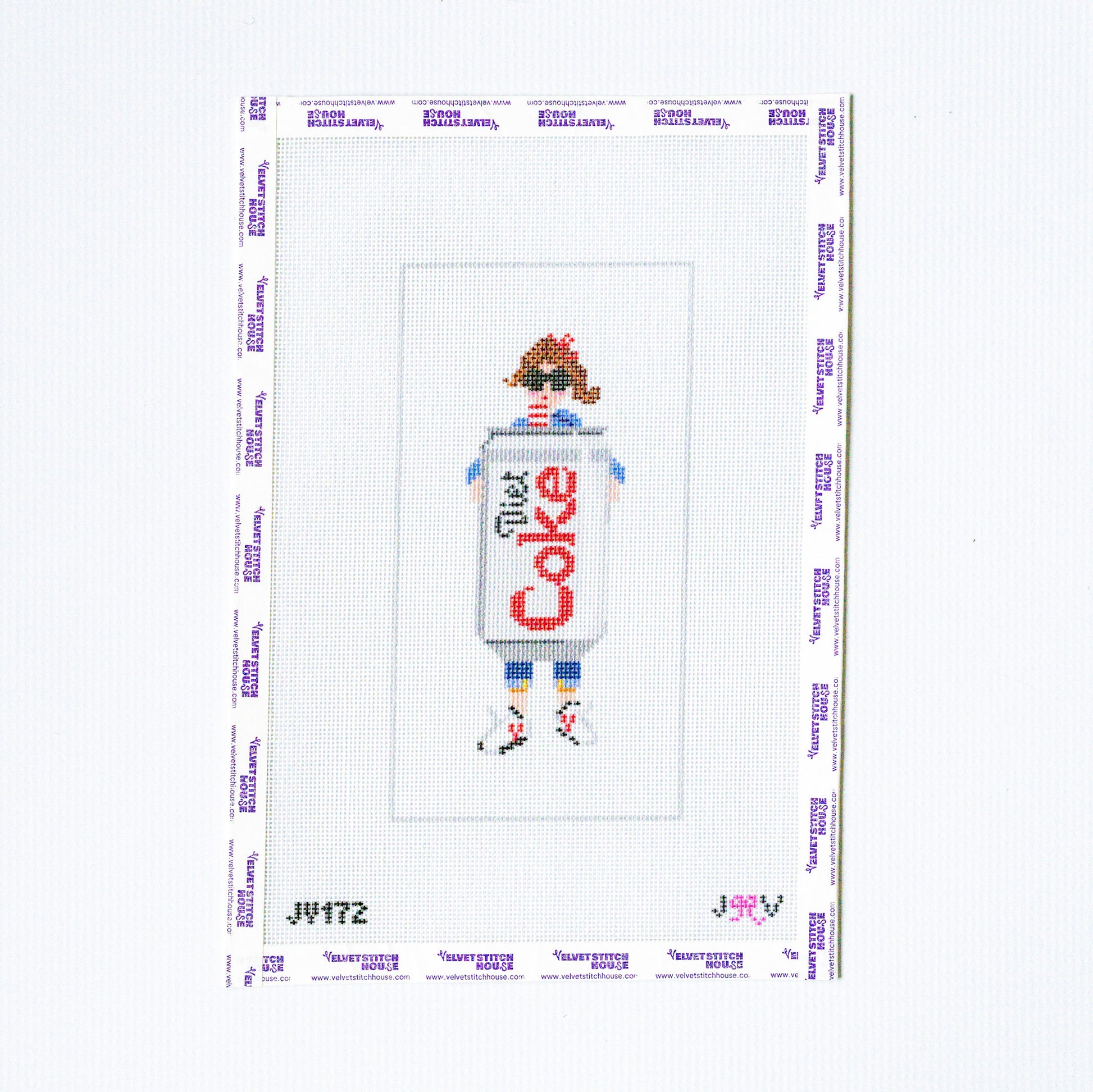 Needlepoint design of a person holding a Coca-Cola bottle on a white background
