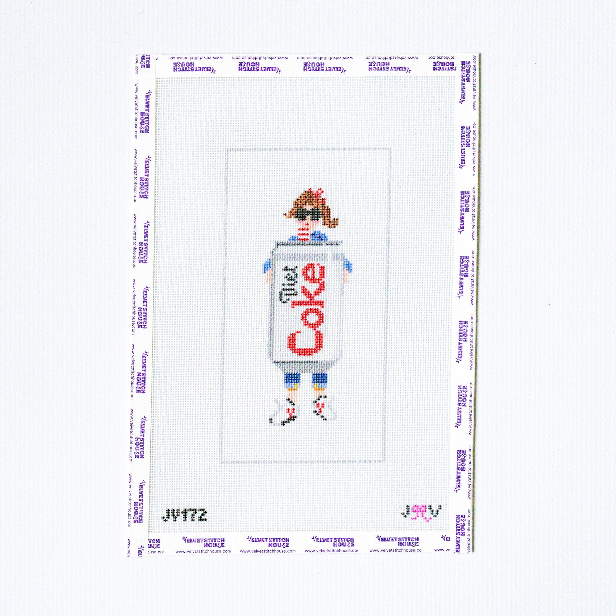 Needlepoint design of a person holding a Coca-Cola bottle on a white background