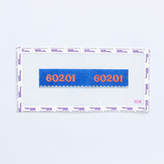 Needlepoint key fob pattern with '60201' zip code in orange on a blue background with light gray scallop edge.