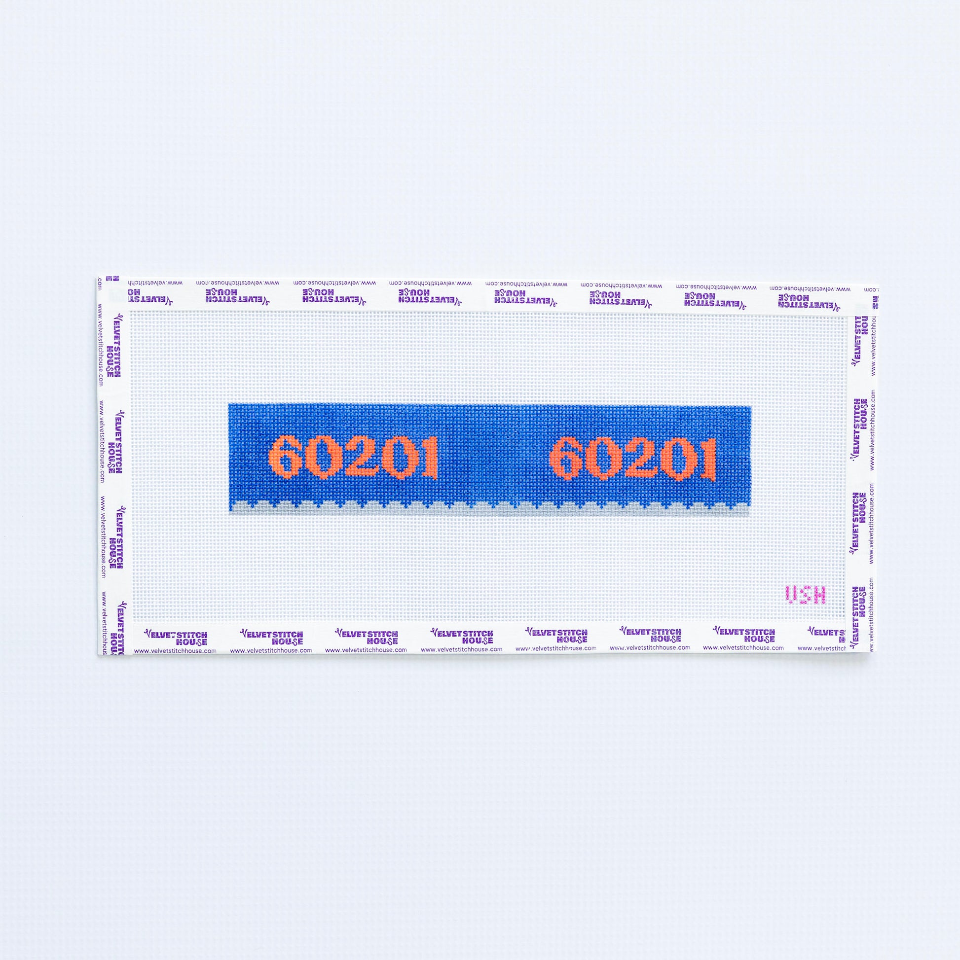 Needlepoint key fob pattern with '60201' zip code in orange on a blue background with light gray scallop edge.