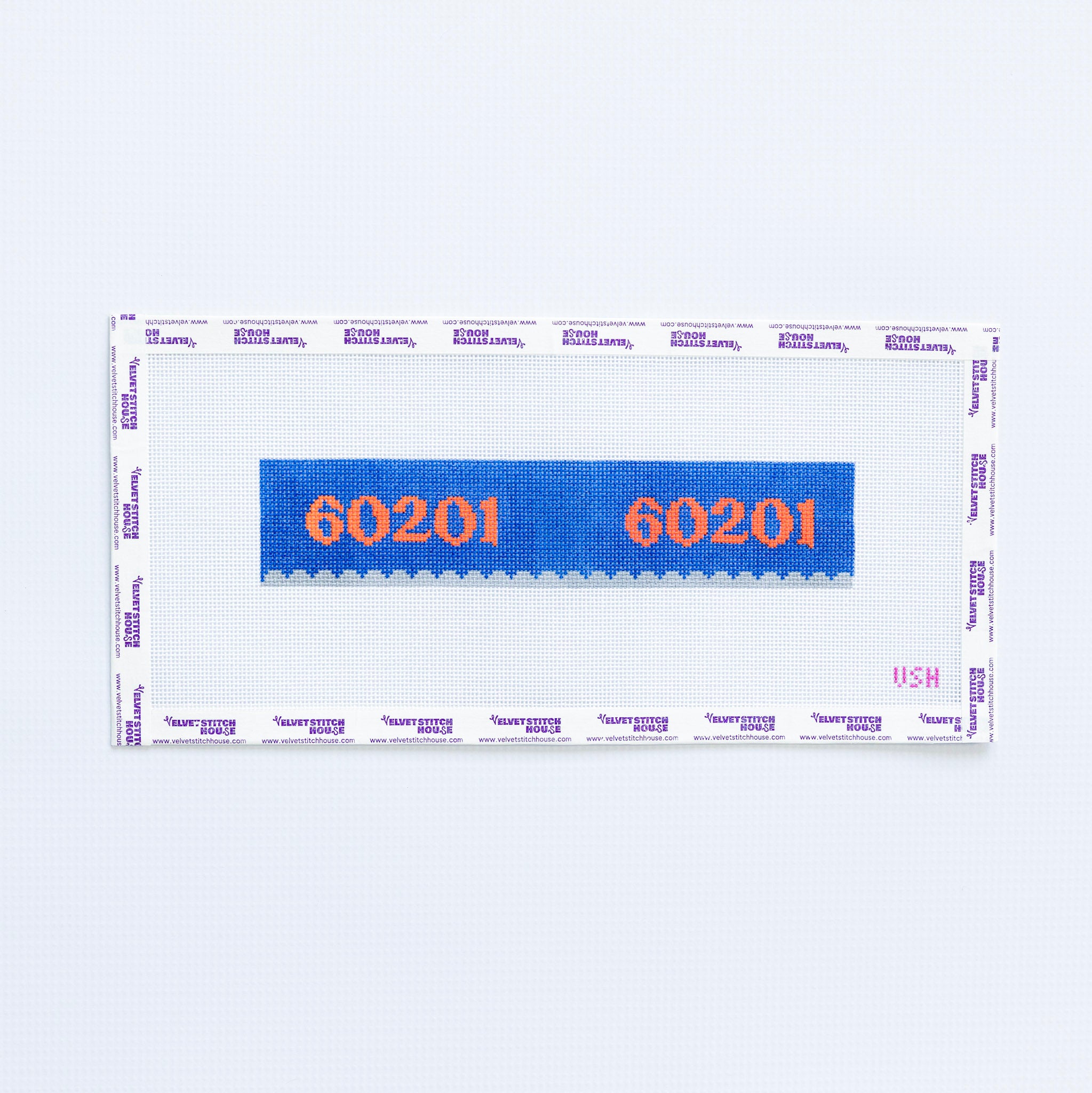 Needlepoint key fob pattern with '60201' zip code in orange on a blue background with light gray scallop edge.