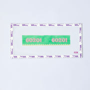 Needlepoint key fob pattern with '60201' zip code in pink on a green background with yellow scallop edge.