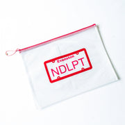 White pouch with red zipper and 'Evanston NDLPT' stamp on a white background