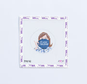 Needlepoint round design with a portrait and 'F*ck Trump' text on a blue coffee mug white background