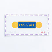 Needlepoint quarterboard design with 'FUCK OFF' in gold text on a blue background 