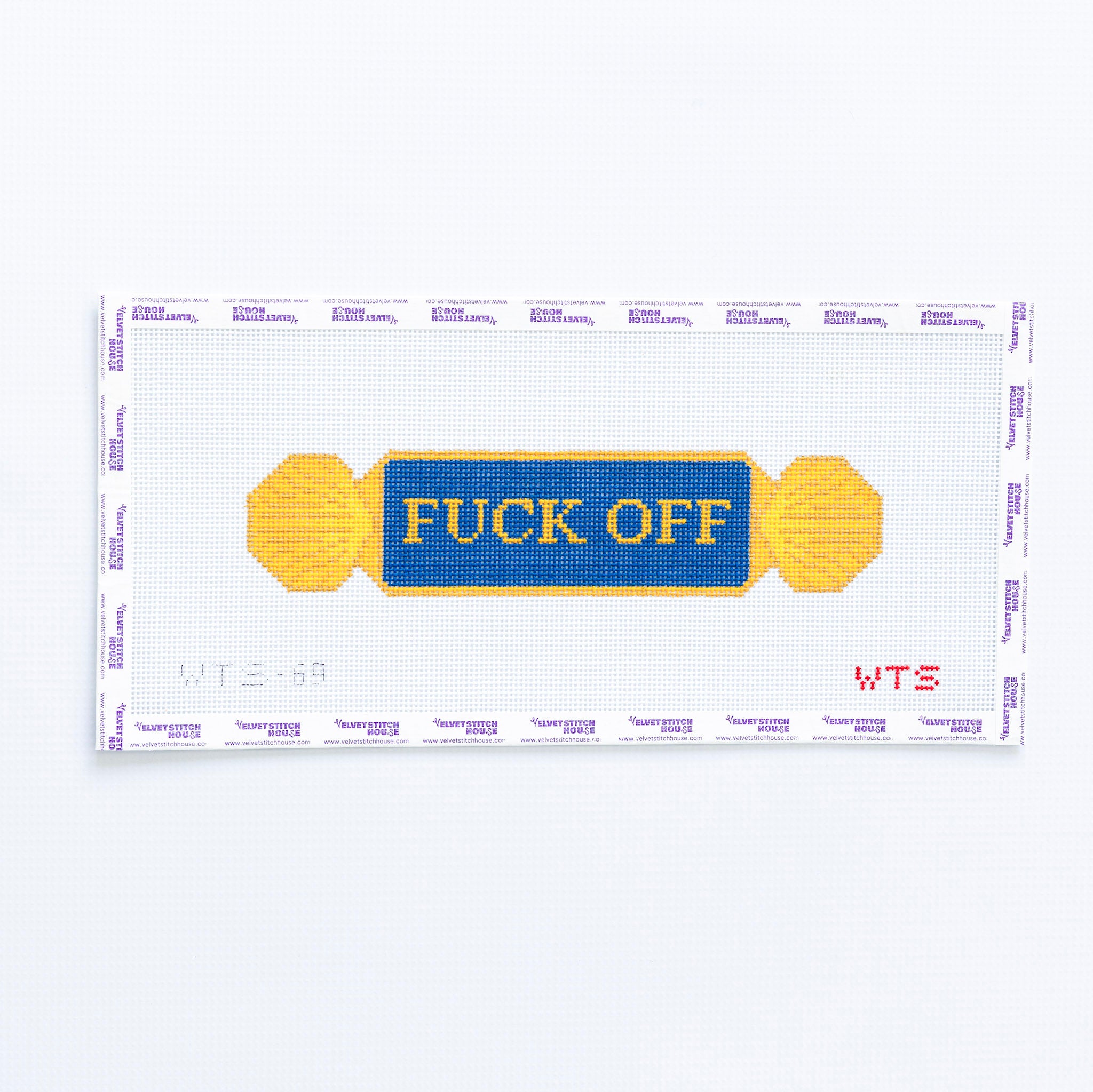 Needlepoint quarterboard design with 'FUCK OFF' in gold text on a blue background 