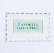 Needlepoint pattern with favorite daughter design in green with light blue scallop and light yellow border