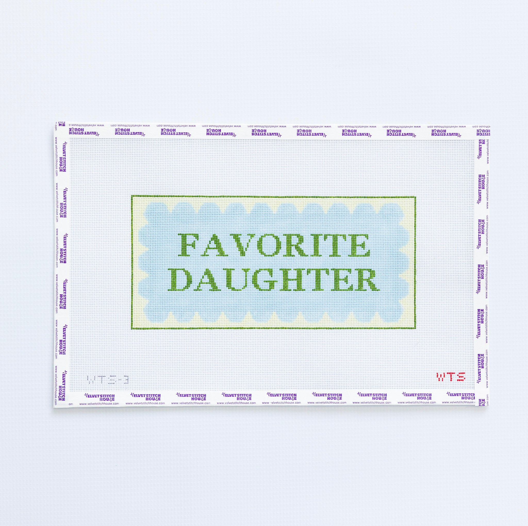 Needlepoint pattern with favorite daughter design in green with light blue scallop and light yellow border