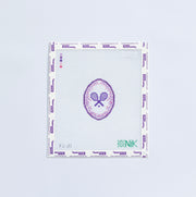 Needlepoint design of a tennis-themed logo and text in purple on a white background