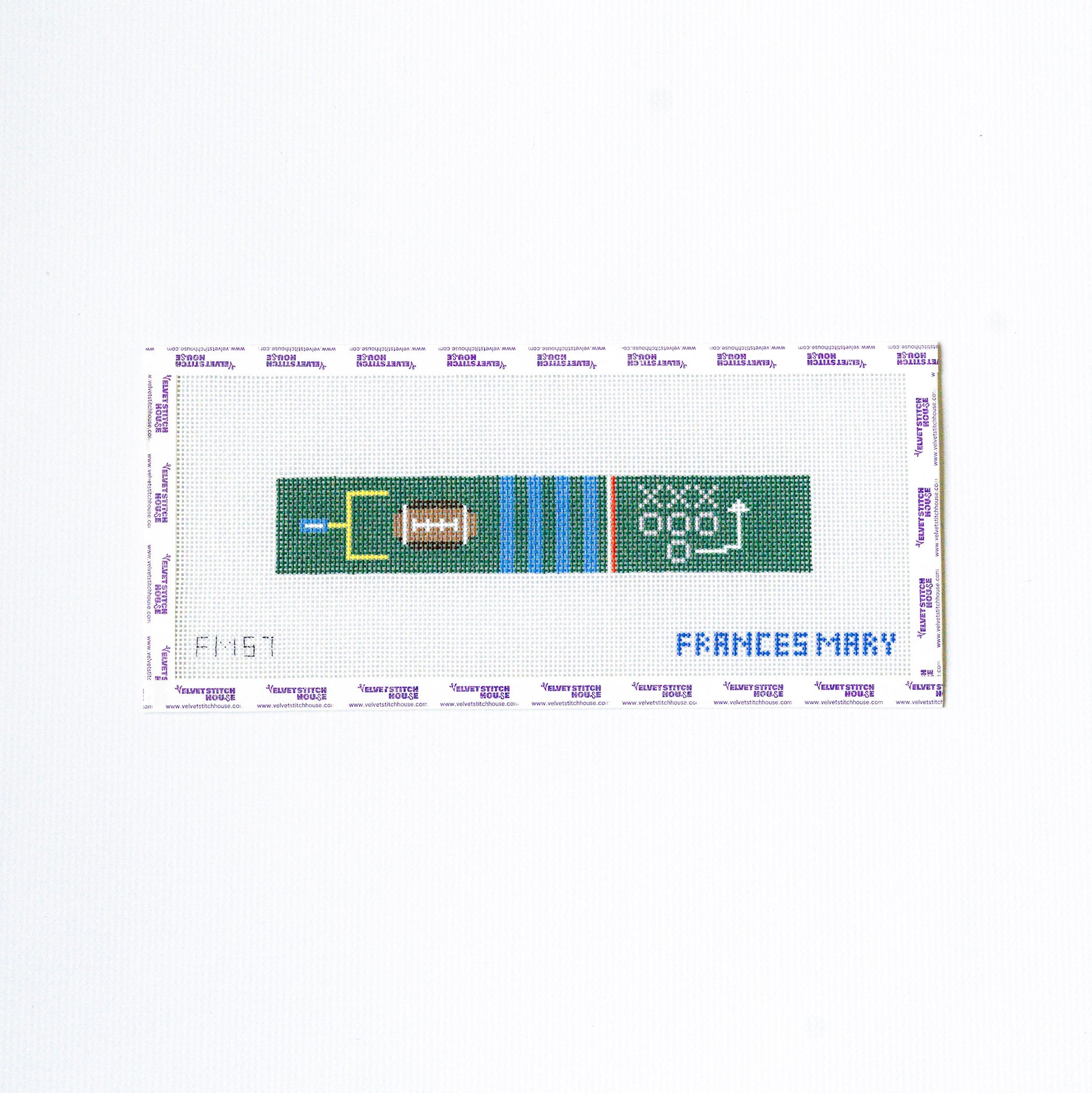 Needlepoint design of a football fieldkey fob  with sports equipment on a white background