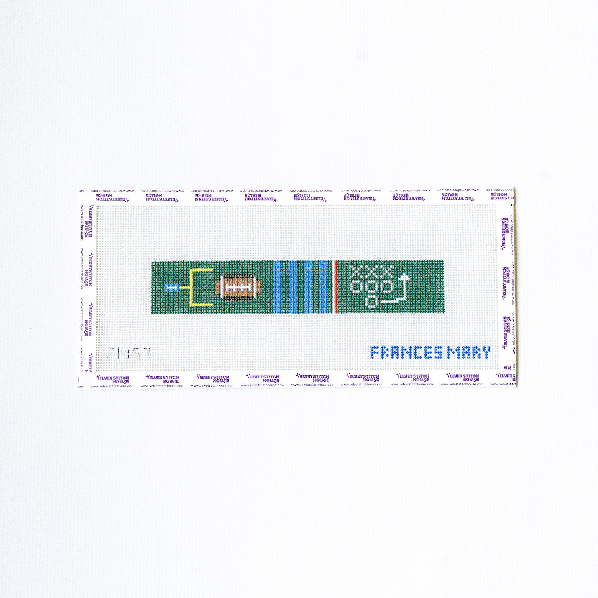 Needlepoint design of a football fieldkey fob  with sports equipment on a white background