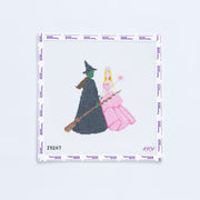 Needlepoint design of a witch and a princess in pink dress from wicked on a white background