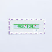 Needlepoint pattern key fob with FORE! in green and golf flag on a light blue background