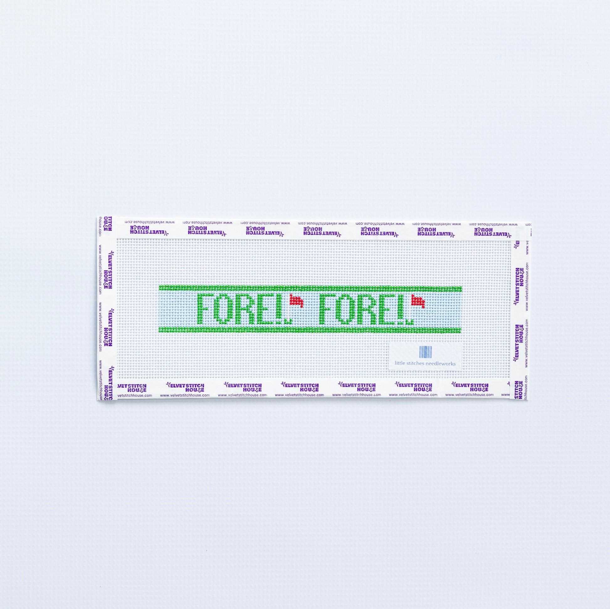 Needlepoint pattern key fob with FORE! in green and golf flag on a light blue background
