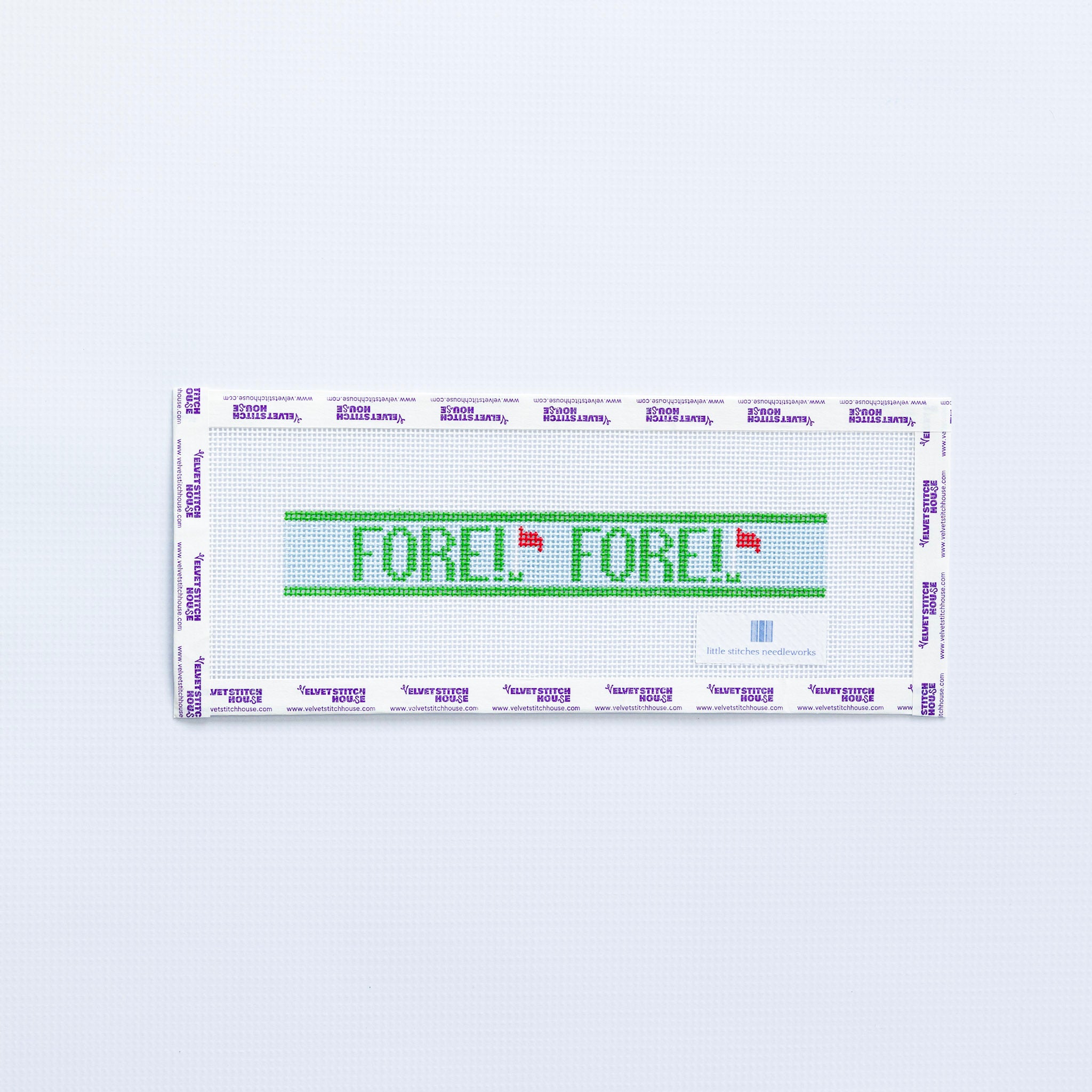 Needlepoint pattern key fob with FORE! in green and golf flag on a light blue background