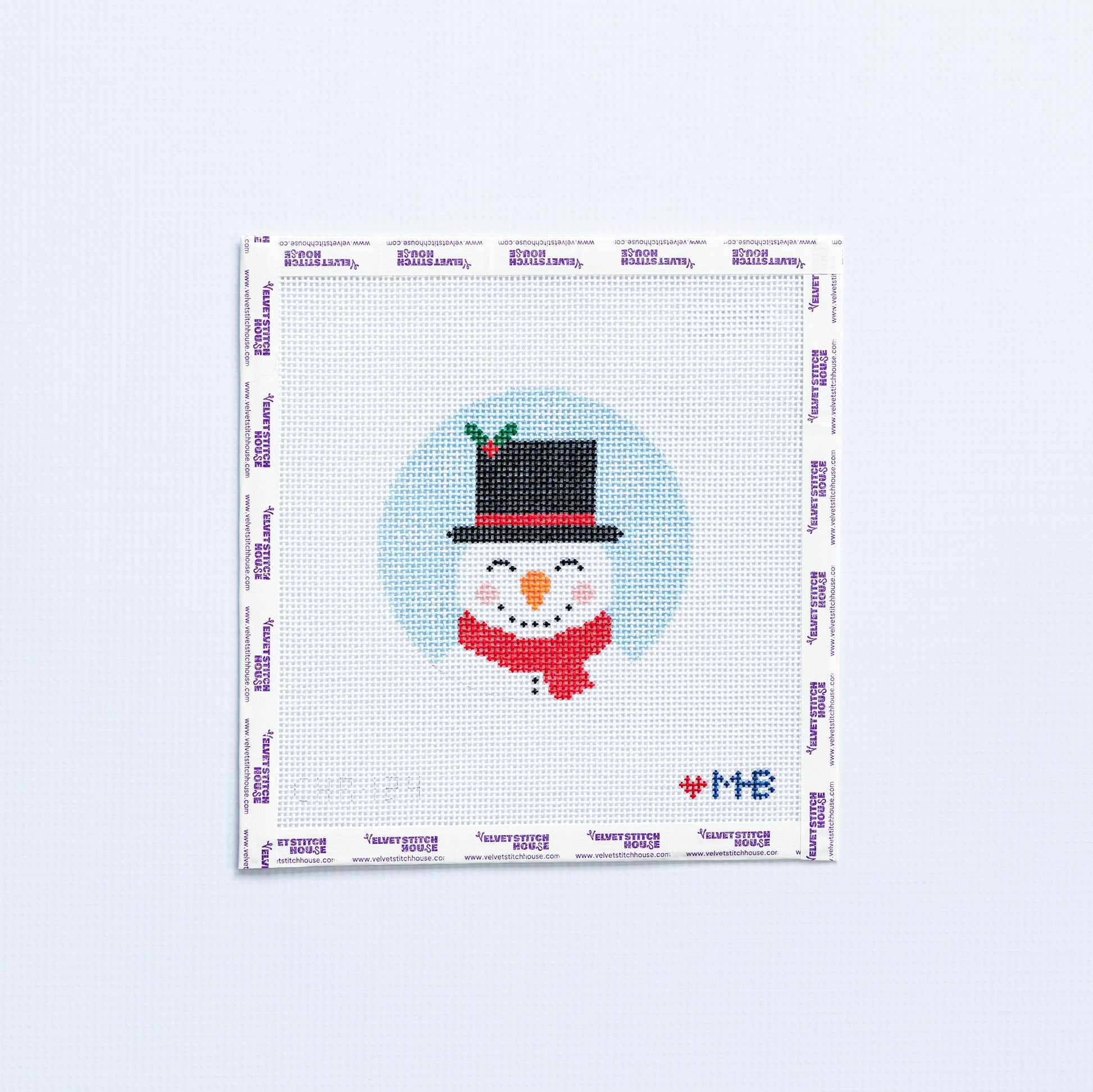 Needlepoint pattern round with Frosty the snowman with black top hat on a light blue background