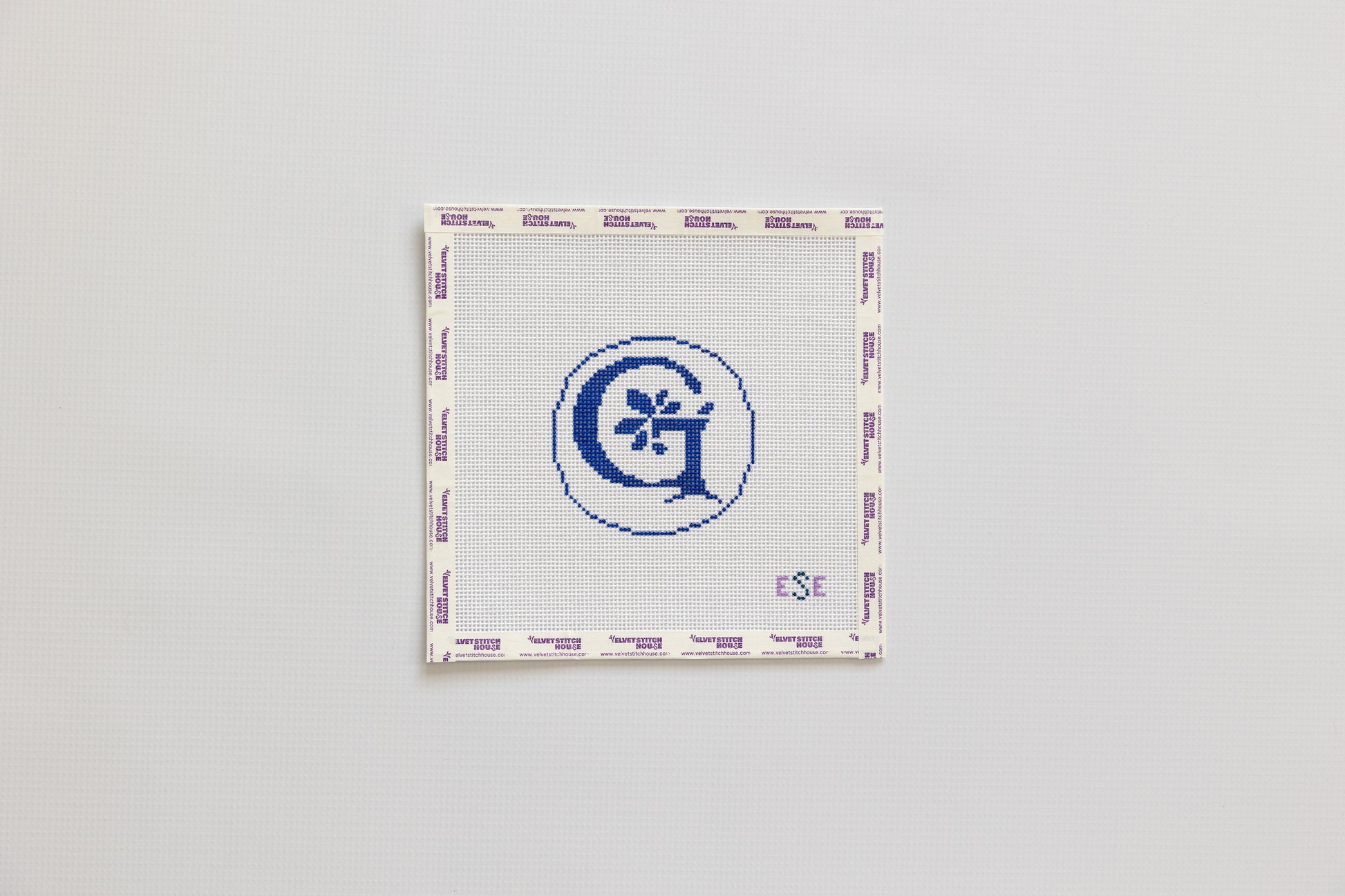 Needlepoint pattern with a blue letter G on a white background