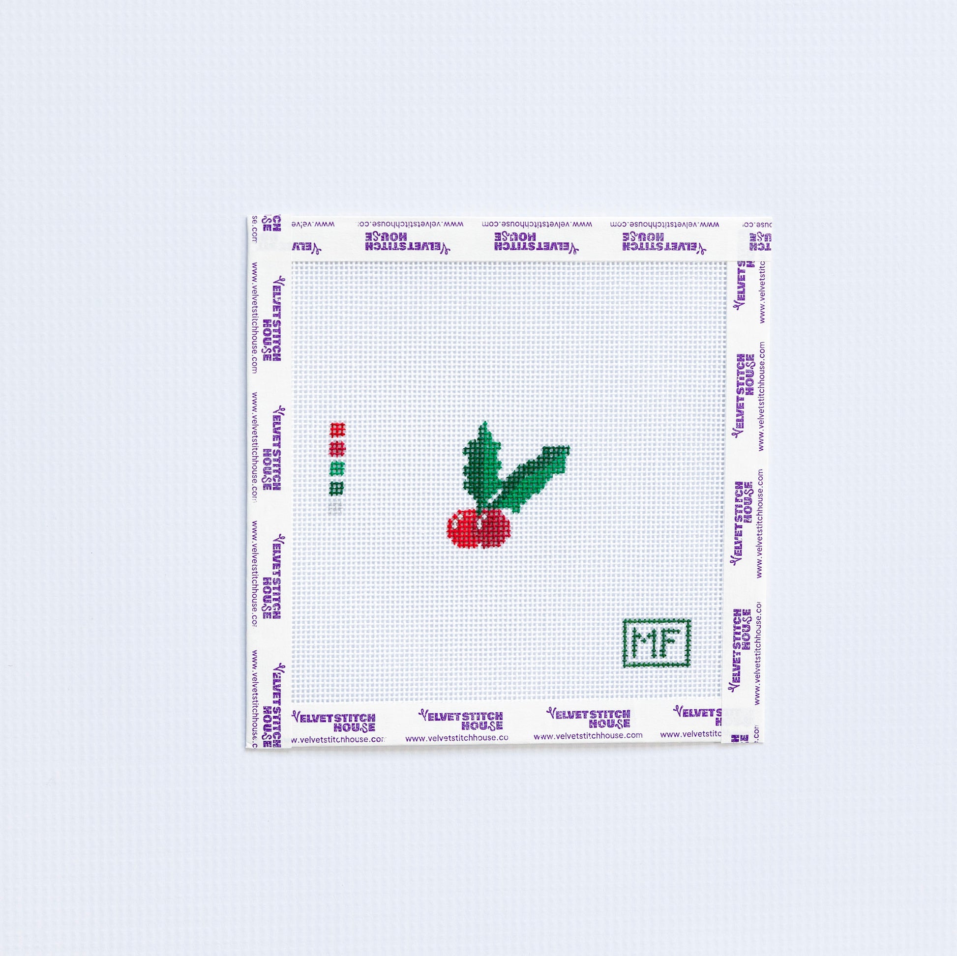 Needlepoint design of a red holiday berry with leaves.