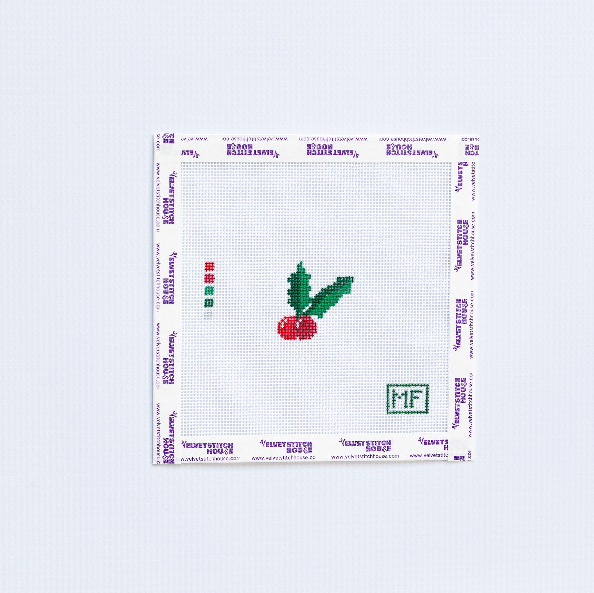 Needlepoint design of a red holiday berry with leaves.