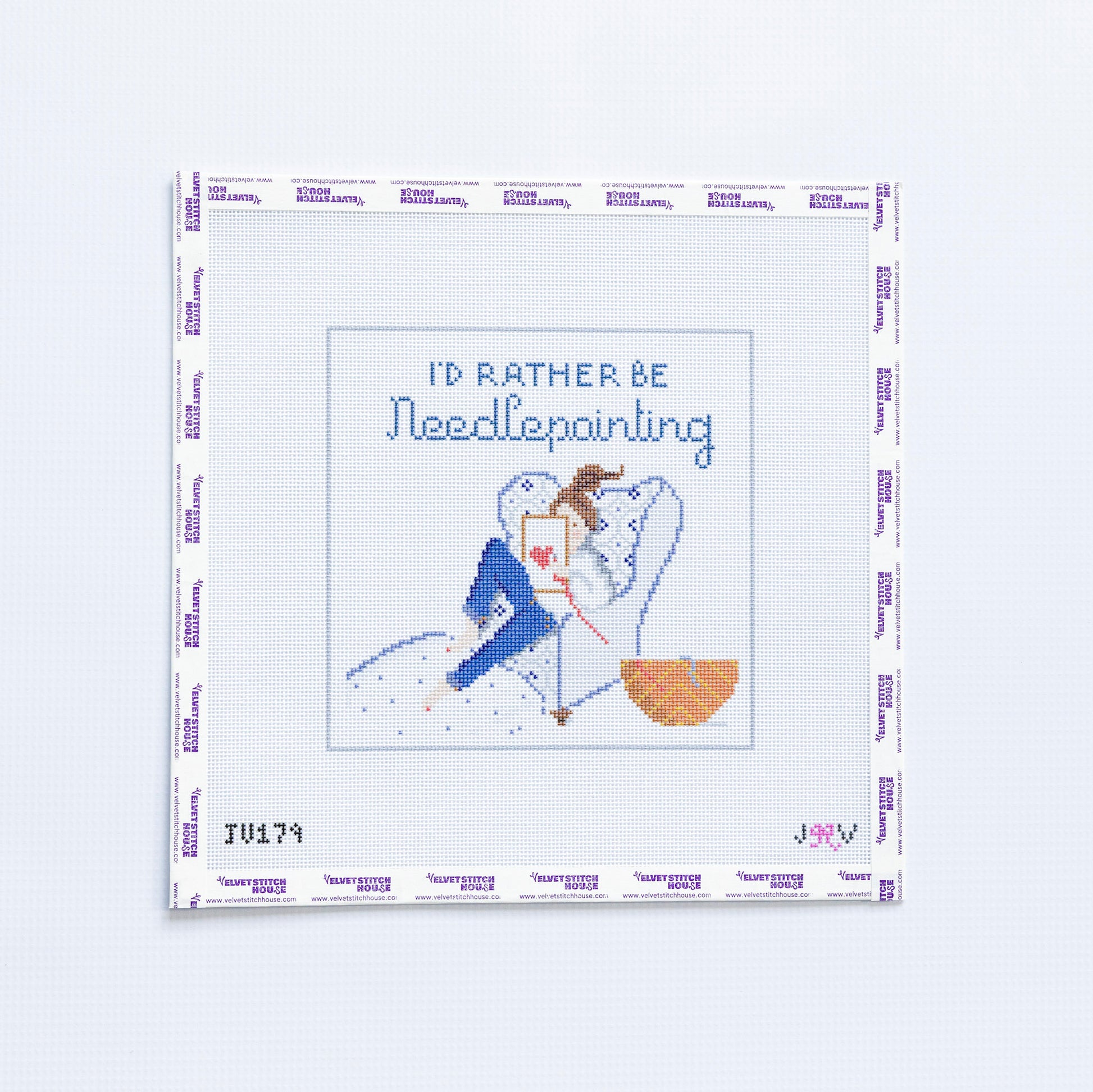 Needlepoint pattern with a girl holding a needle and thread, text 'I'd Rather Be Needlepointing'