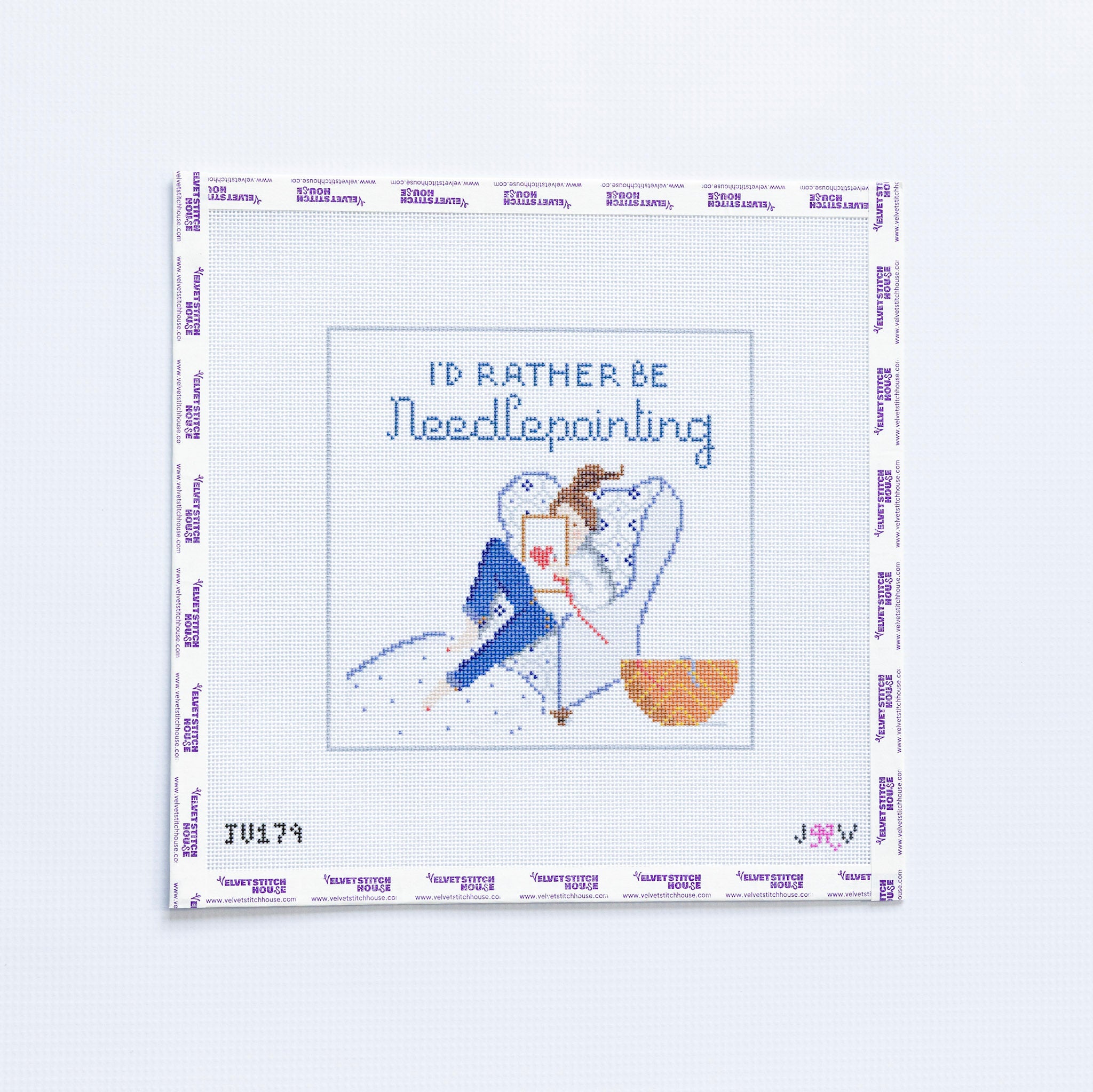 Needlepoint pattern with a girl holding a needle and thread, text 'I'd Rather Be Needlepointing'