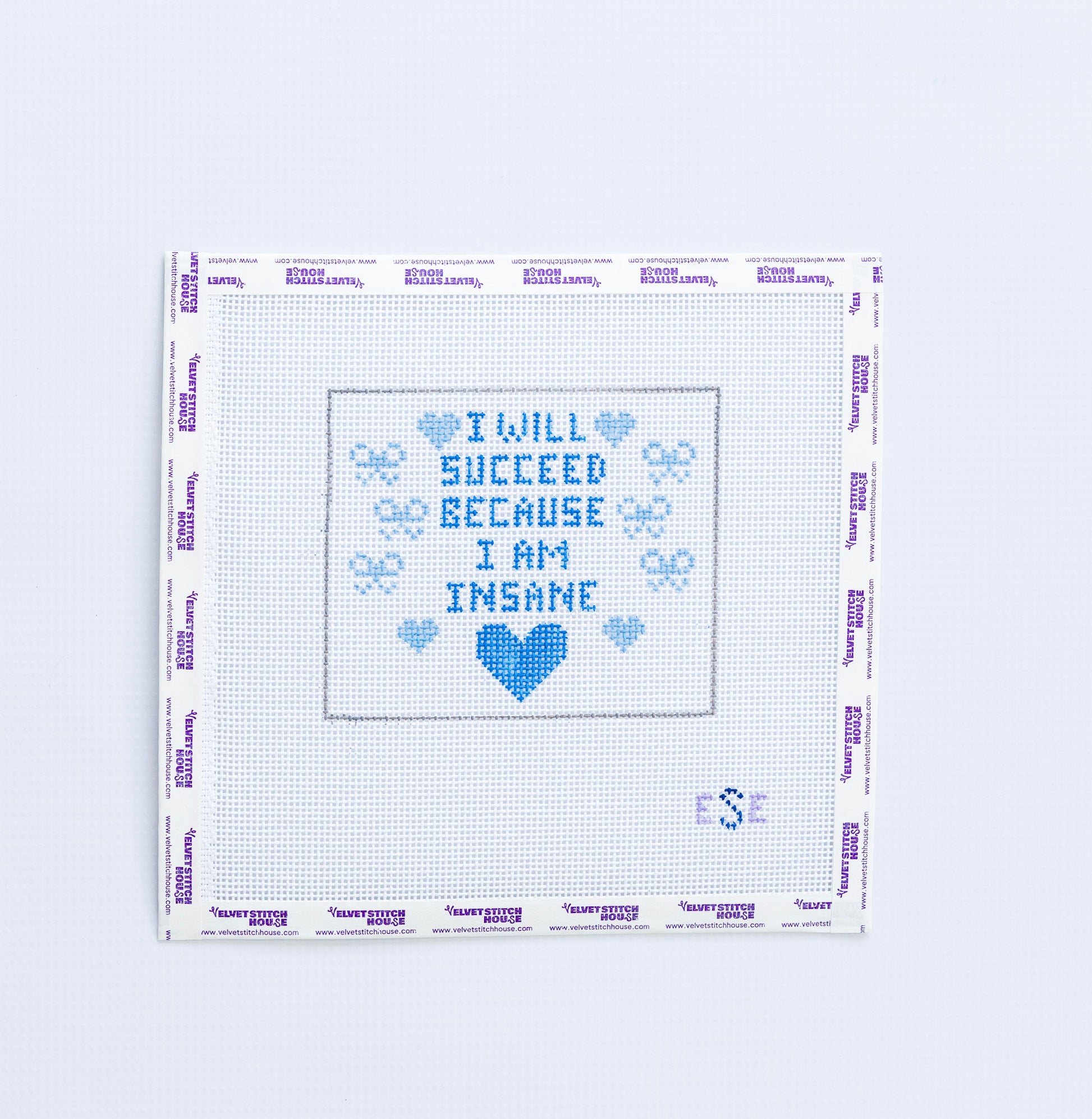 Neelepoint pattern with "i will succeed becuase i am insane" in blue text with blue hearts and bows