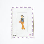 Needlepoint design of a person with a hat and vest on a white background