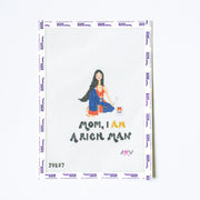 Needlepoint design of a woman with text 'Mom, I am a rich man' on a white background