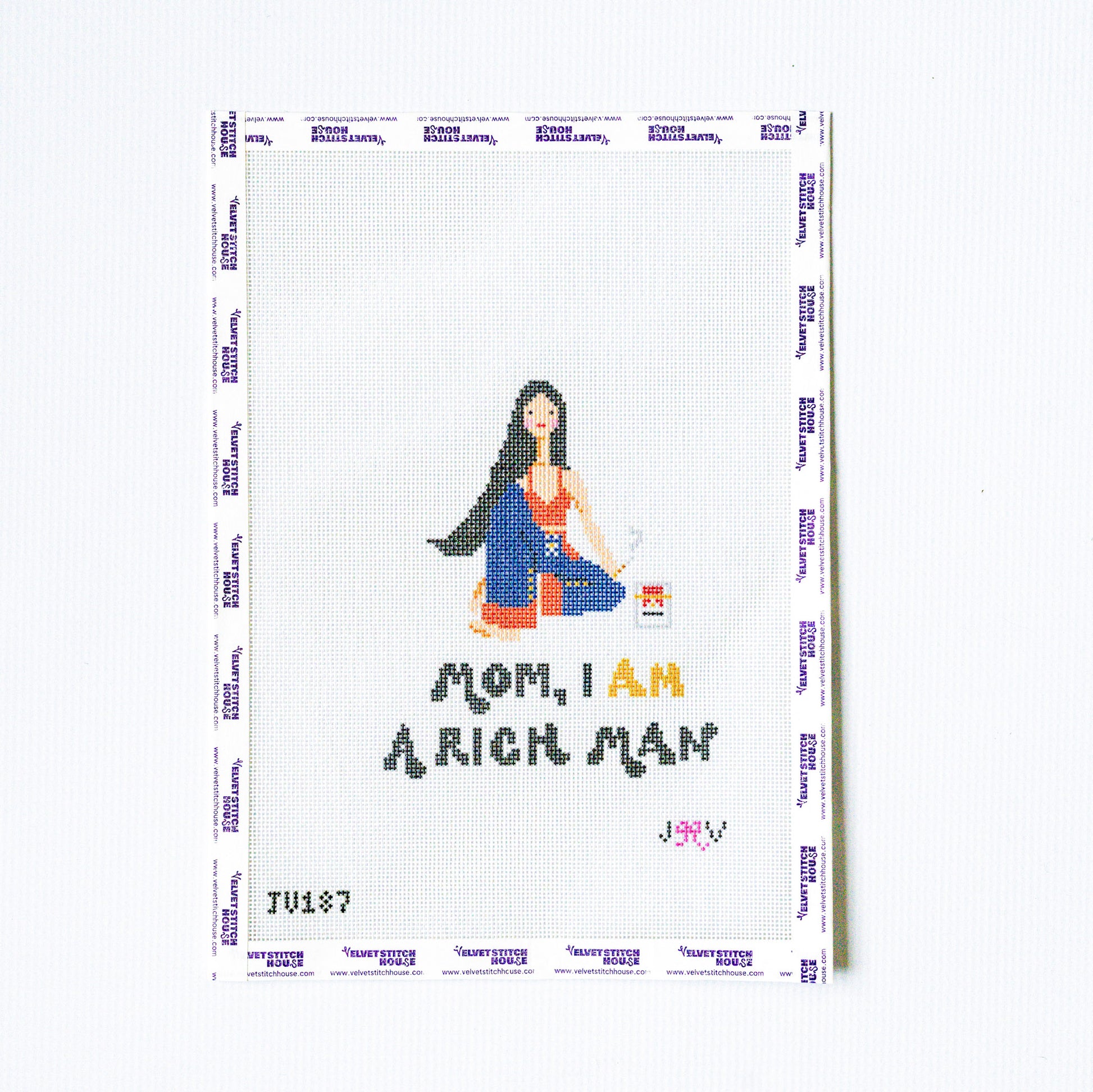 Needlepoint design of a woman with text 'Mom, I am a rich man' on a white background