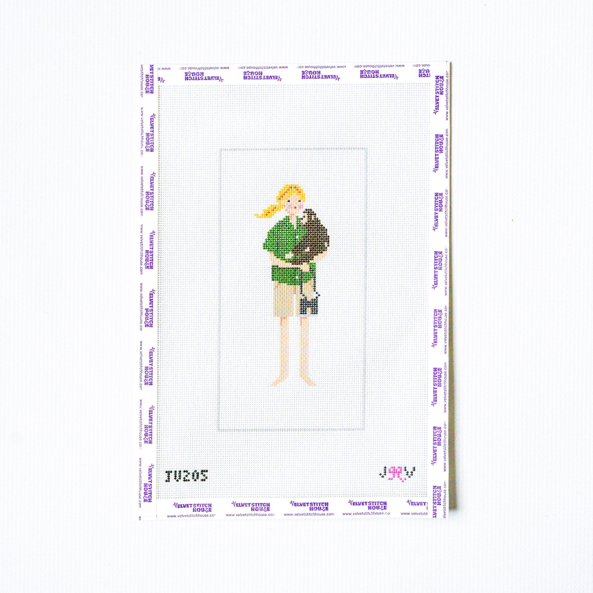 Needlepoint pattern of a woman holding a monkey on a white background