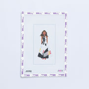Needlepoint design of a woman Michelle Obama in a black and white dress