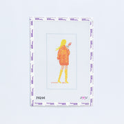 Needlepoint pattern with Taylor Swift image in an orange sweater on a white background