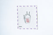 Needlepoint design of chinese food bucket with text on a white background