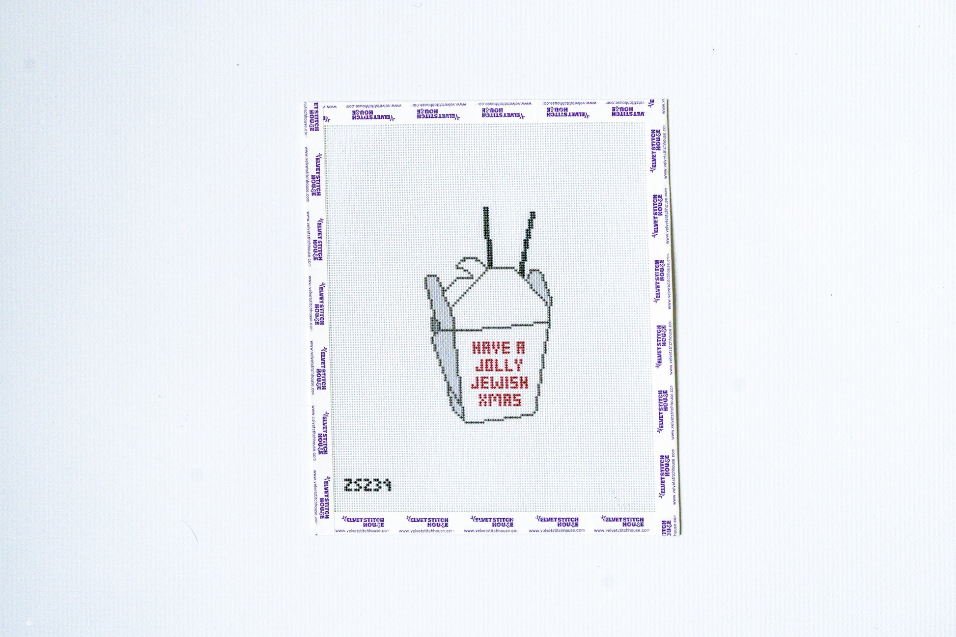 Needlepoint design of chinese food bucket with text on a white background