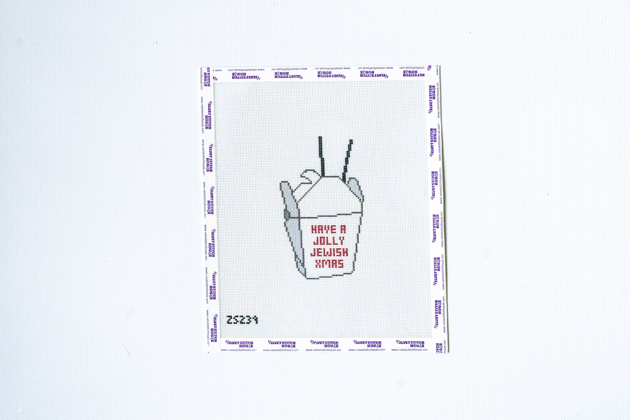 Needlepoint design of chinese food bucket with text on a white background